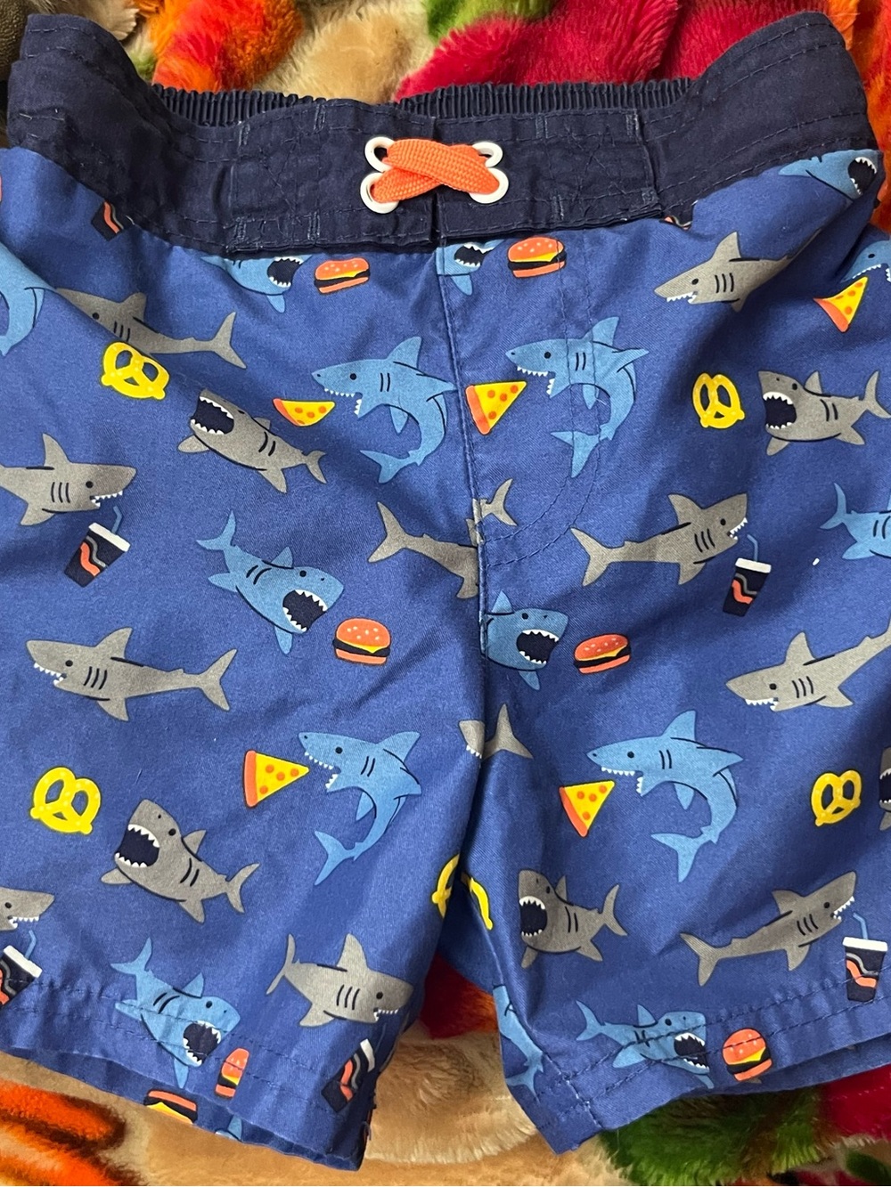 Kids 3T Cat & Jack Blue Shark Print Swim Trunks with Orange Drawstring